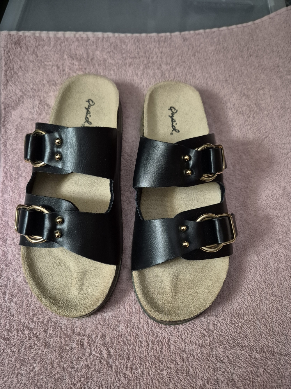 Qupid Black Double-Buckle Slide Sandals with Gold Hardware